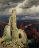 Burgruine mit zwei kreisenden Adlern